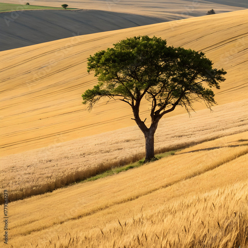 Lone green tree in golden wheat field under sunlight