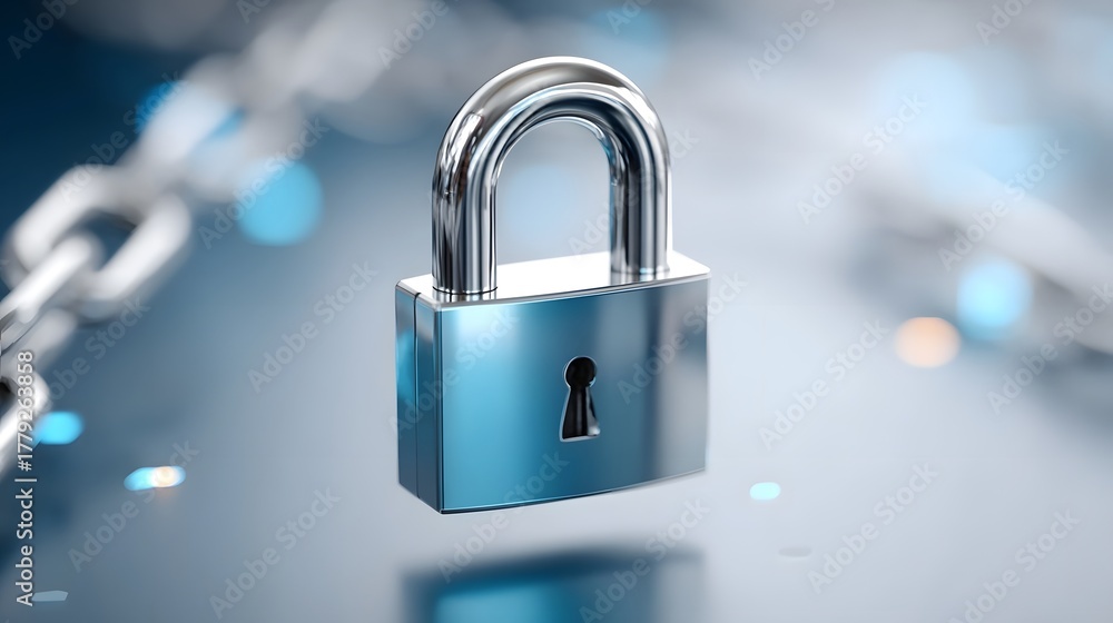 Naklejka premium This abstract image features a shiny metallic padlock and connected chain links representing cybersecurity privacy and robust data protection in a modern technological context