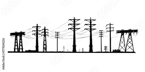 Electric power transmission towers, utility poles, silhouette set, high voltage lines, electricity infrastructure, industrial grid system, energy supply, urban power, black vector.