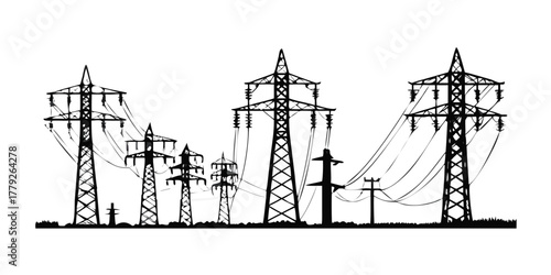 Electric power transmission towers, utility poles, silhouette set, high voltage lines, electricity infrastructure, industrial grid system, energy supply, urban power, black vector.