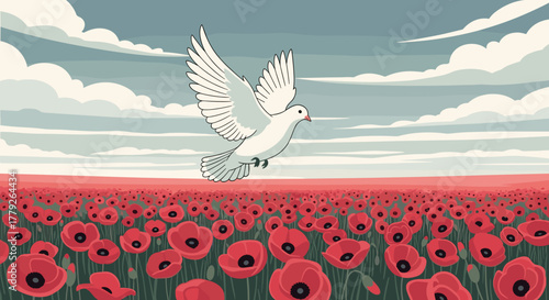 Dove flying over a red poppy field, symbolizing peace and remembrance for veterans, for memorial events