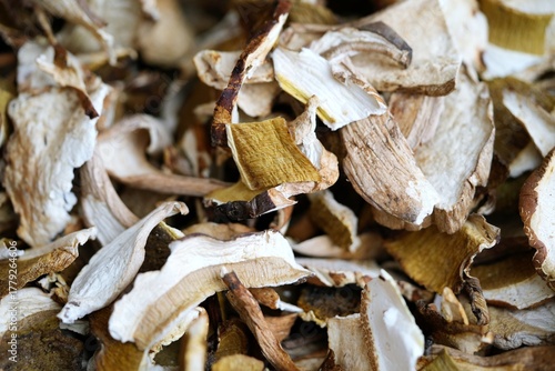 Close-up photo of a pile of dried porcini mushrooms