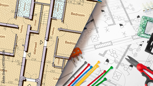 RESIDENTIAL CONSTRUCTION PROJECT WITH ELECTRICAL SYSTEM BLUEPRINT AND PROFESSIONAL ELECTRICIAN TOOLS