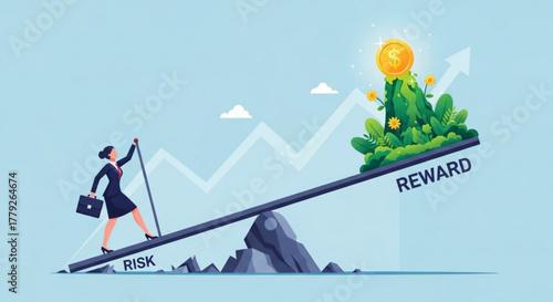 Businesswoman balances risk and reward on a seesaw, aiming for financial success.