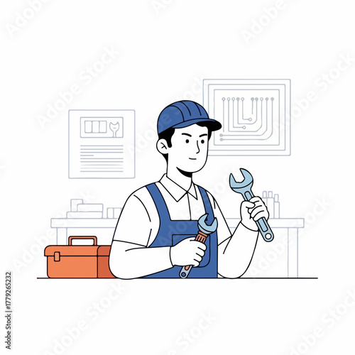 Skilled worker with wrench is ready for repair, engineer wearing blue overalls holding spanner. Repair technician providing maintenance and support services with wrench and tools.