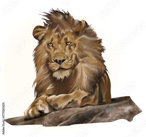 Majestic digital painting of a male lion resting confidently on a rock.
