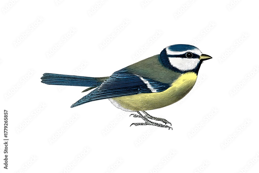 Obraz premium Illustration of a Eurasian blue tit in vintage style on a branch with leaves