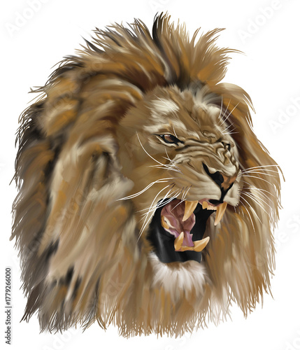 Digital painting of a roaring lion showing fierce expression and sharp fangs.