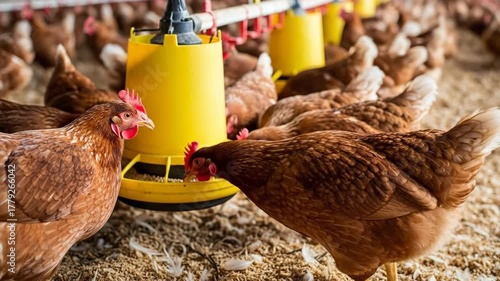 Farm poultry feeding station with chickens gathered