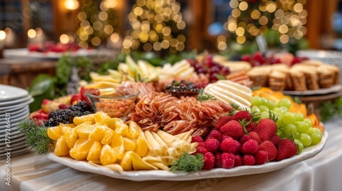 Beautifully decorated catering banquet table features an array of gourmet dishes, including fresh fruits, meats, and breads, set in a cozy venue with twinkling lights. Perfect for celebrations