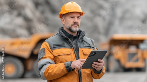 Engineer operates heavy dump truck using tablet technology in quarry environment for streamlined operations and enhanced productivity in construction site
