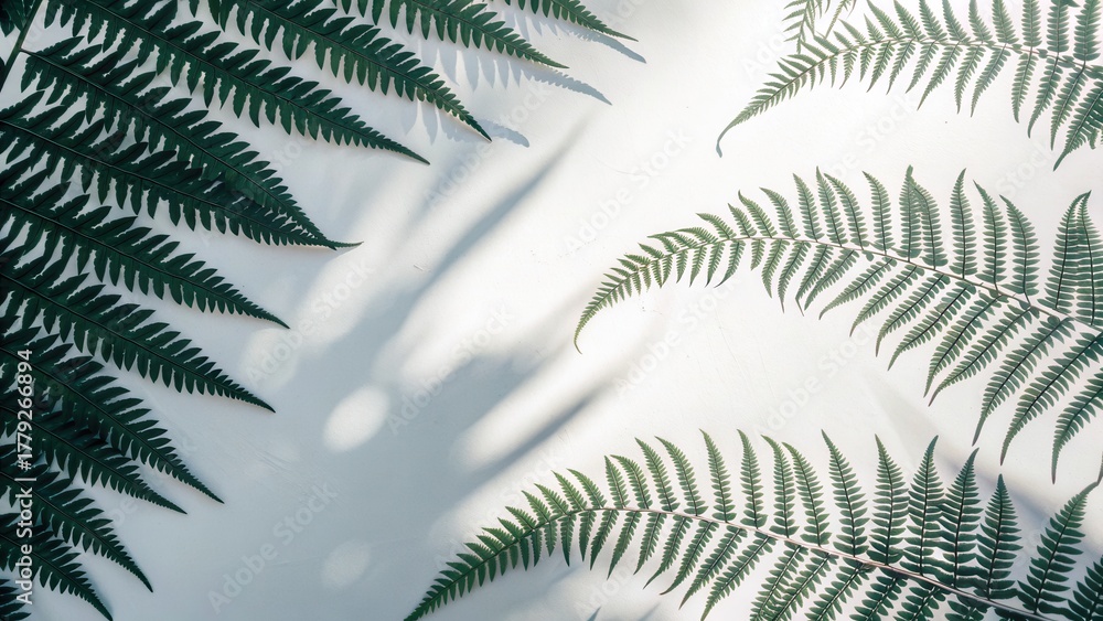 Obraz premium Beautiful lush fern foliage with vibrant green leaves creating a peaceful natural scene with sunlight shadows and intricate botanical patterns