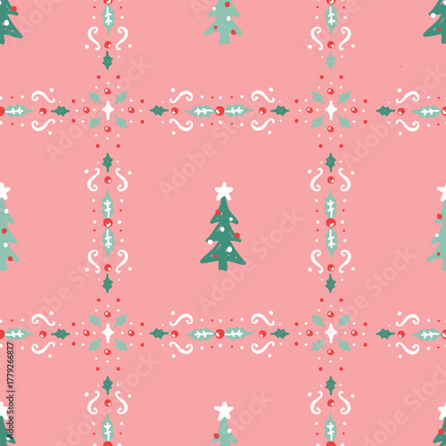 Cute pink Christmas tree seamless pattern in hand drawing cottagecore illustration style perfect for cards, wallpaper, background, towel, textile, fabric, paper, wrapping