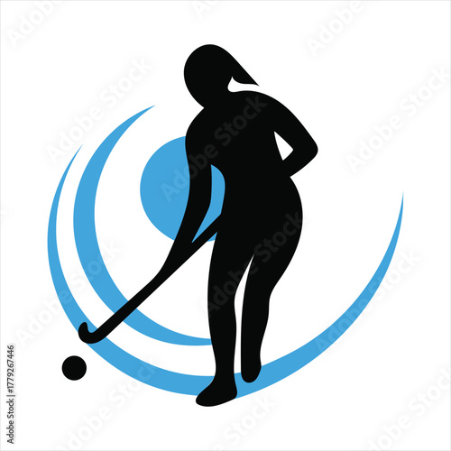 Female field hockey player silhouette with blue abstract emblem isolated on white background