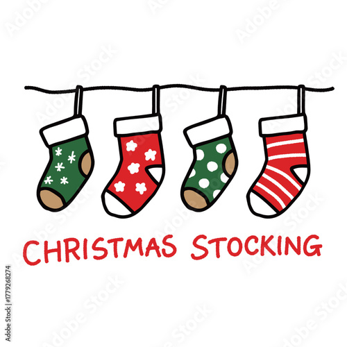 クリスマス靴下の手描きイラスト（赤・緑）