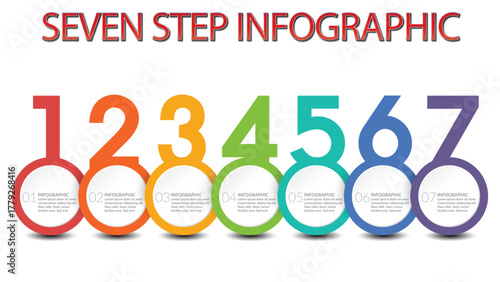 Seven Step Infographic with Colorful Number Process Diagram for Visual Communication, Education, Workflow, and Business Presentation Design
