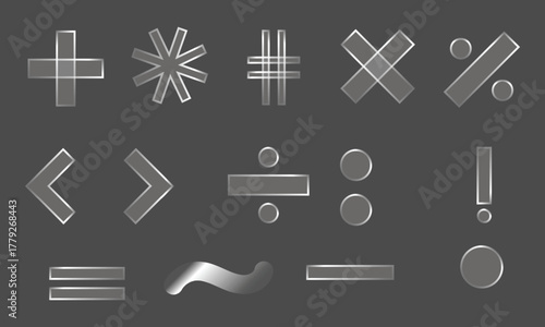 Silver mathematical symbols gleam on a gray backdrop, presenting plus, asterisk, hashtag, multiplication and percentage