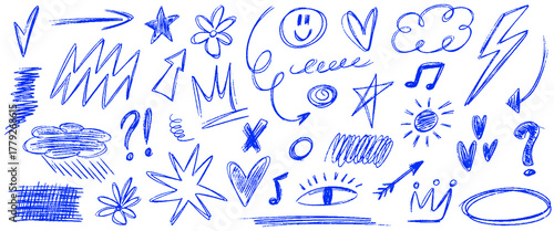 Scribble doodle elements set. Blue pen underline children marker scratch, arrows, heart, stars and scribbles. Hand drawn crayon abstract sketch, handwriting for journaling. Vector kid drawings
