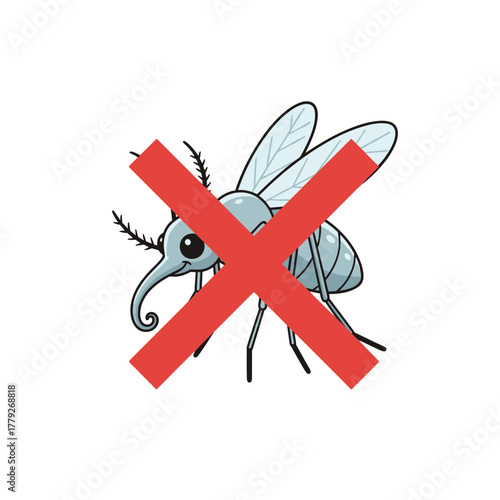 Cartoon Vector Mosquito With Red Cross Symbol Indicating No Mosquitoes In Flat Design Style On White Background