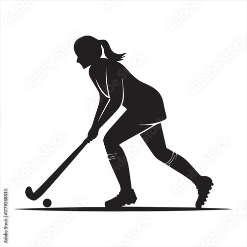 Female field hockey player silhouette graphic, dynamic action design isolated on white background