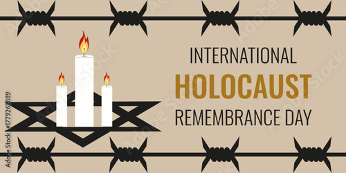 International Holocaust remembrance Day vector banner design. Vector illustration of candle with barbed wire frame and star of David. Horizontal Holocaust remembrance Day banner.