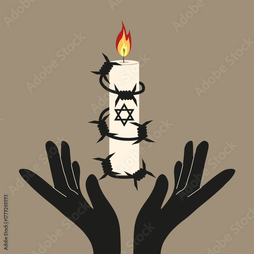 Holocaust Remembrance Day art. Vector illustration of black hands with burning candle wrap in razor wire. Perfect Holocaust day and week poster card cover template design. EPS 120