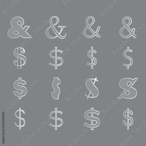 Various stylistic metallic currency and and symbols are featured against a gray background