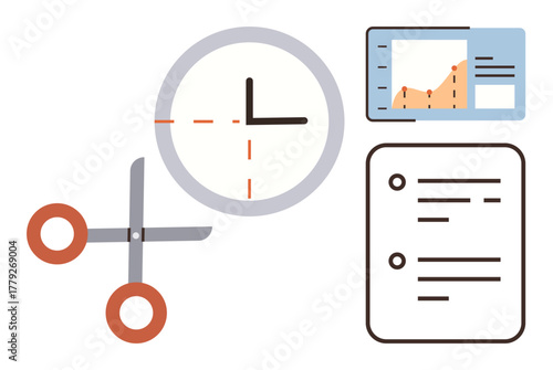Clock, scissors, document, and data chart emphasizing time management, productivity, task prioritization, efficiency, deadlines analysis scheduling. Ideal for office work planning business