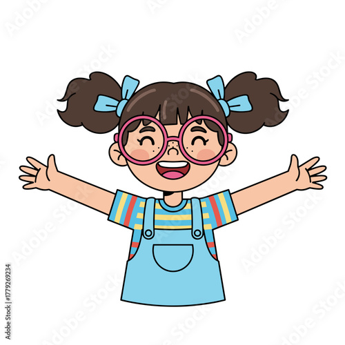 Cheerful Cartoon Girl With Brown Pigtails and Pink Glasses Wearing Blue Overalls And Striped Shirt With Arms Wide Open