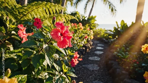 Wallpaper Mural Vibrant Red Hibiscus Flowers Bloom in a Tropical Garden Path Leading to the Ocean at Sunset. Torontodigital.ca