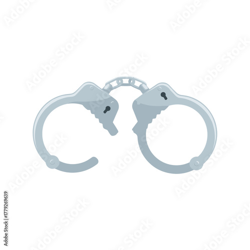 Close up of silver metal handcuffs with a chained connection against a stark black background symbolizing arrest and justice