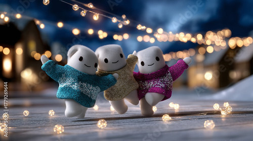 Fototapeta Naklejka Na Ścianę i Meble -  Faceless 3D characters in cozy sweaters dancing under glowing string lights, softly defocused background of a snowy town, with copy space.