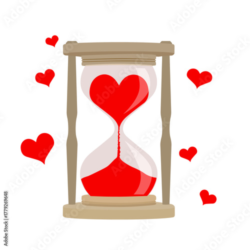Pink hearts flowing in hourglass in flat design on white background. Time of love. Design for Valentine’s Day greeting card, poster, wedding, banner.