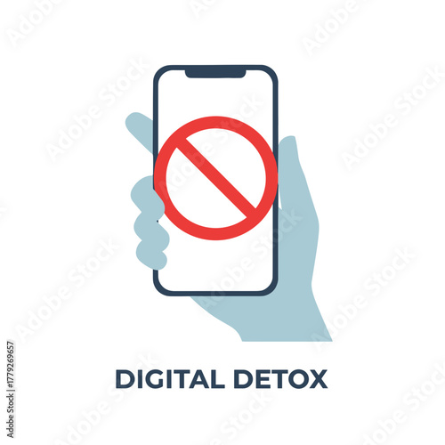 Close up of a light blue hand holding a white smartphone displaying a red stop sign indicating digital detox and a ban on usage on a black background with dark blue text at the bottom.