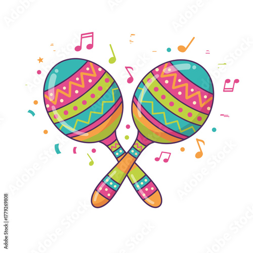 Colorful Mexican Maracas With Musical Notes And Confetti On A Black Background Festive Celebration