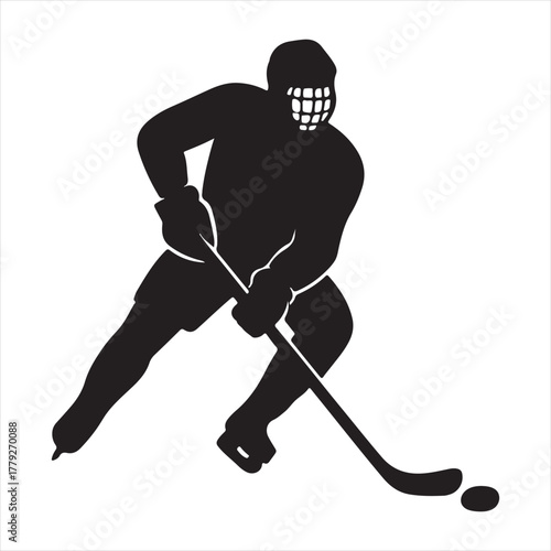 Ice hockey player silhouette with stick and puck in action on ice isolated on white background