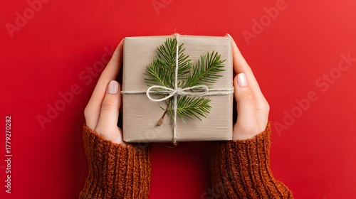Female hands holding a beautifully wrapped Christmas gift box with natural pine sprig on red background
