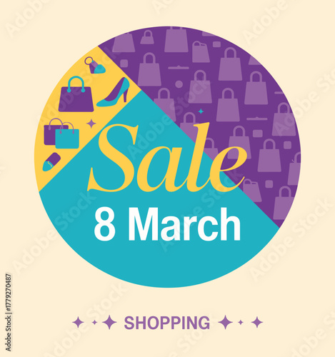 This vibrant image highlights a promotional sale event on March 8, featuring shopping icons like bags and shoes, ideal for marketing campaigns or store promotions.