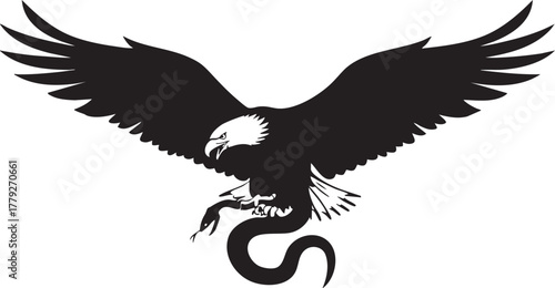 Silhouette of a bald eagle with wings spread wide clutching a coiled snake in its talons isolated on transparent background
