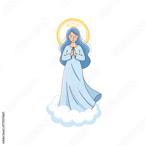Cartoon Religious Woman In Flat Design With Halo And Clouds Praying With Eyes Closed And Blue Hair