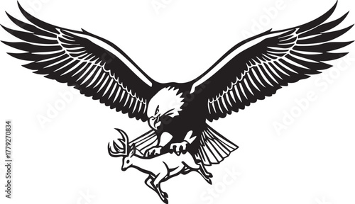 Detailed illustration of a bald eagle in flight carrying a deer isolated on transparent background