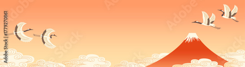 富士山と鶴の背景　和風お正月素材