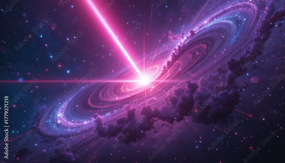 Fototapeta premium A Vibrant Galaxy Spinning with Magenta Plasma and a Central Ray of Light