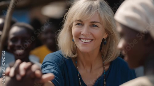 Nonprofit organization president interacting with volunteers, emotion of empathy and motivation visible, symbolizing social impact leadership, organizational guidance, and emotional connection with