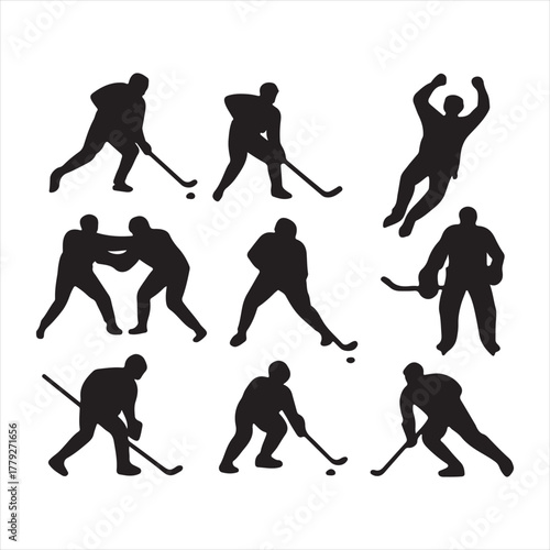 Ice hockey player silhouettes set with dynamic actions and equipment isolated on white background