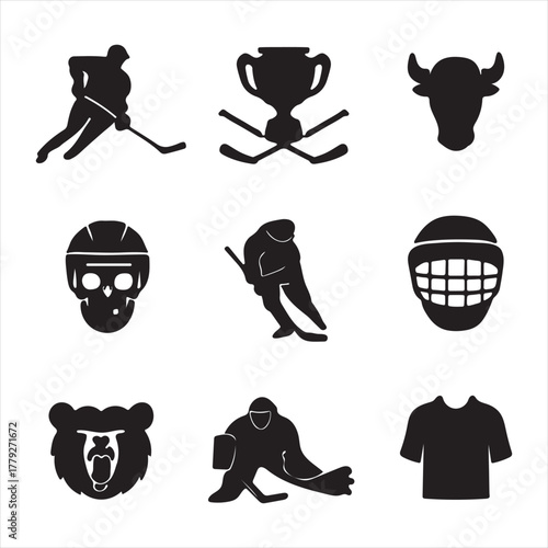 Ice hockey player silhouettes, gear, championship trophy, mascots isolated on white background