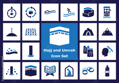 Hajj and Umrah Icons Set - Flat Color Pilgrimage Symbols. Kaaba, Tawaf, Sa'i, Ihram, Mecca, Medina, Arafat, Jamarat, Zamzam Well, Prayer, Quran, Islamic Holy Journey.