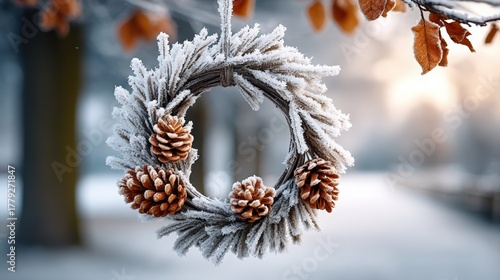 Frosty Winter Wreath with Pinecones and Frost in a Serene Landscape