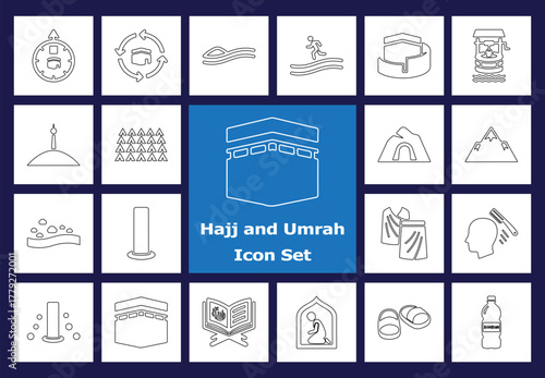 Hajj and Umrah Outline Icons Set - Linear Pilgrimage Symbols. Kaaba, Tawaf, Sa'i, Ihram, Mecca, Medina, Arafat, Jamarat, Zamzam Well, Prayer, Quran, Islamic Holy Journey.