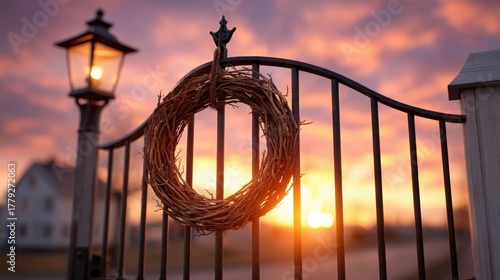 Rustic Wreath on Gate at Sunset with Soft Cloudy Sky Background